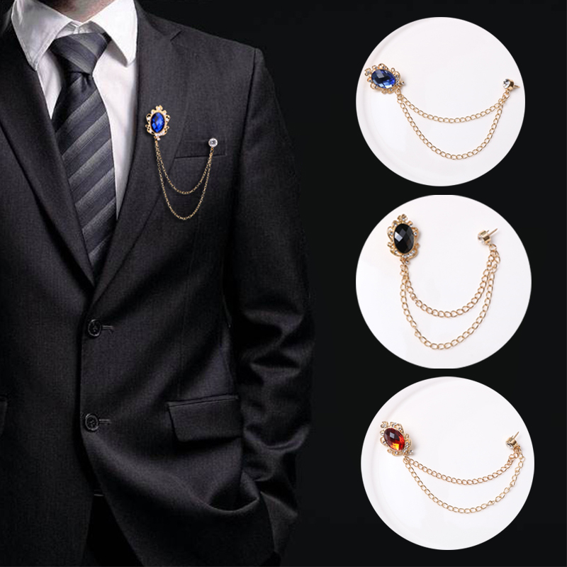 Men Shirt Suit Rhinestone Brooch Lapel Pin Chain Tassel Crystal Wedding ...